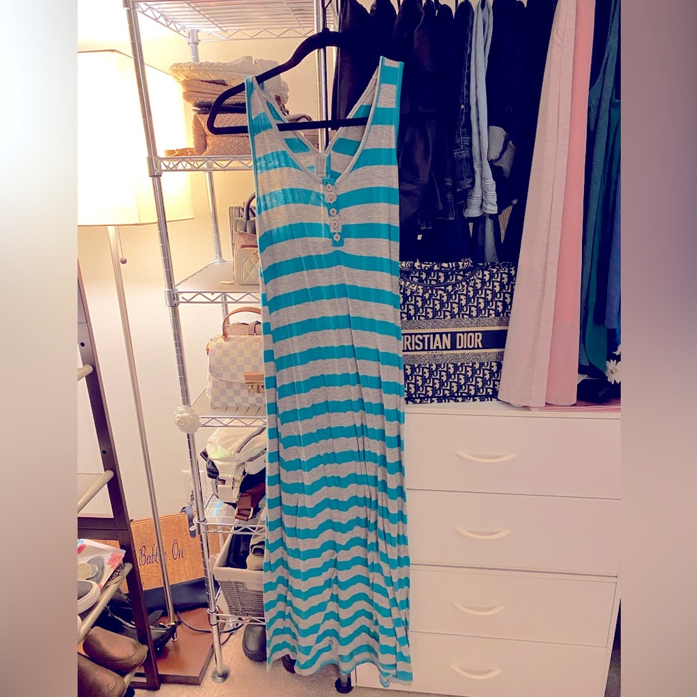 Sleeveless Racerback Tank Teal and Gray Striped Long Maxi Boutique Dress